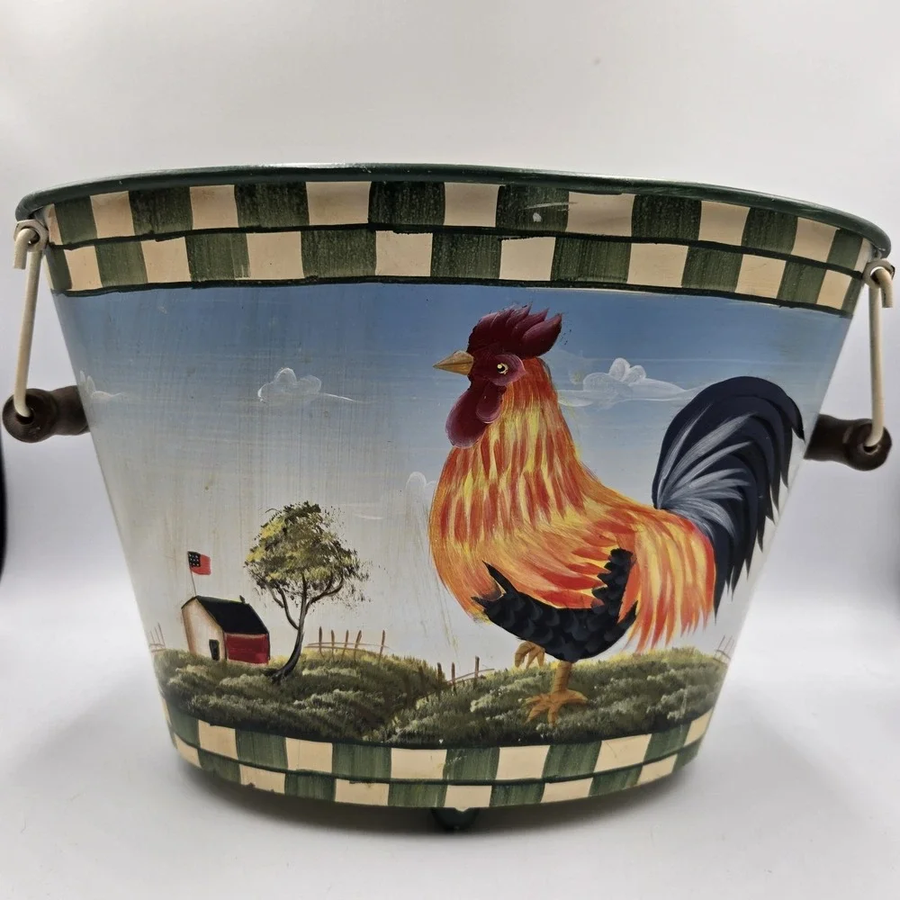 Handpainted Rooster Decorative Large Tin Pail Bucket 13x9